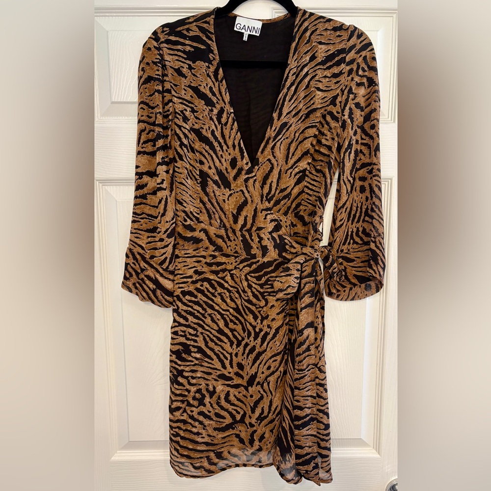GANNI Tiger Print Georgette Mini Wrap Dress